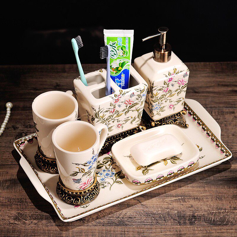 陶瓷卫浴五件套浴室用品套件创意刷牙杯漱口杯 酒店洗漱套装欧式