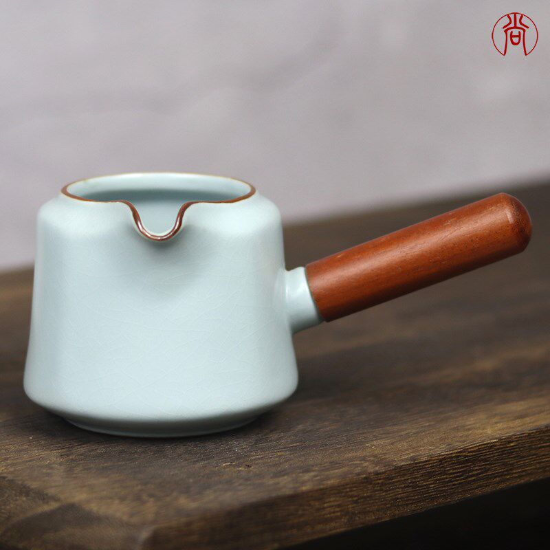 汝窑天青开片可养侧把公道杯陶瓷分茶器大号公杯带茶滤茶漏一套装