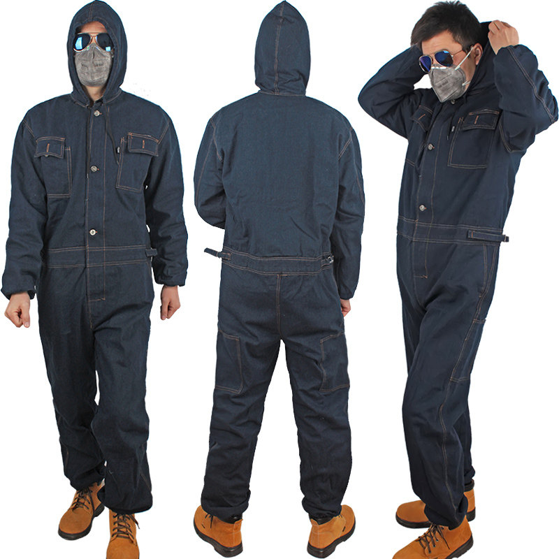 电焊防护服连体牛仔工作服加厚连体带帽防尘服焊工劳防污服喷漆服