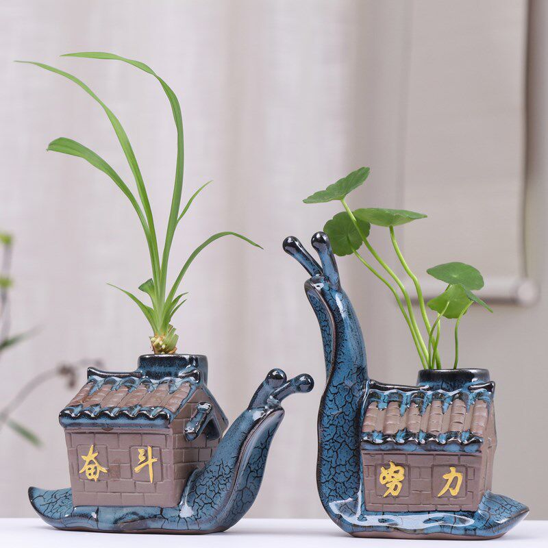 古典创意绿萝铜钱草水培花瓶水养鲜花插花花盆器蜗牛桌面装饰摆件
