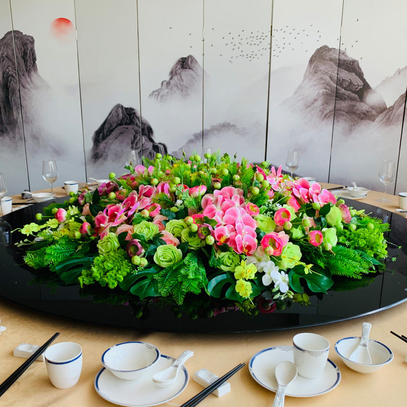 新款酒店餐桌花摆花大圆桌中间转盘装饰仿真假花高端餐厅包间花艺