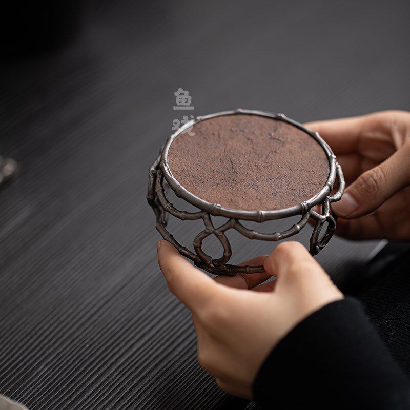 鱼戏手工古锡岩石板凳盖置复古茶壶盖子茶托搁置杯垫杯托茶道零配