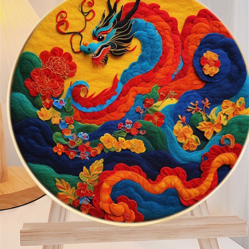 喜庆羊毛毡戳戳乐刺绣画手缝手工乐蝴蝶猫头鹰兔龙花柿动物图案画