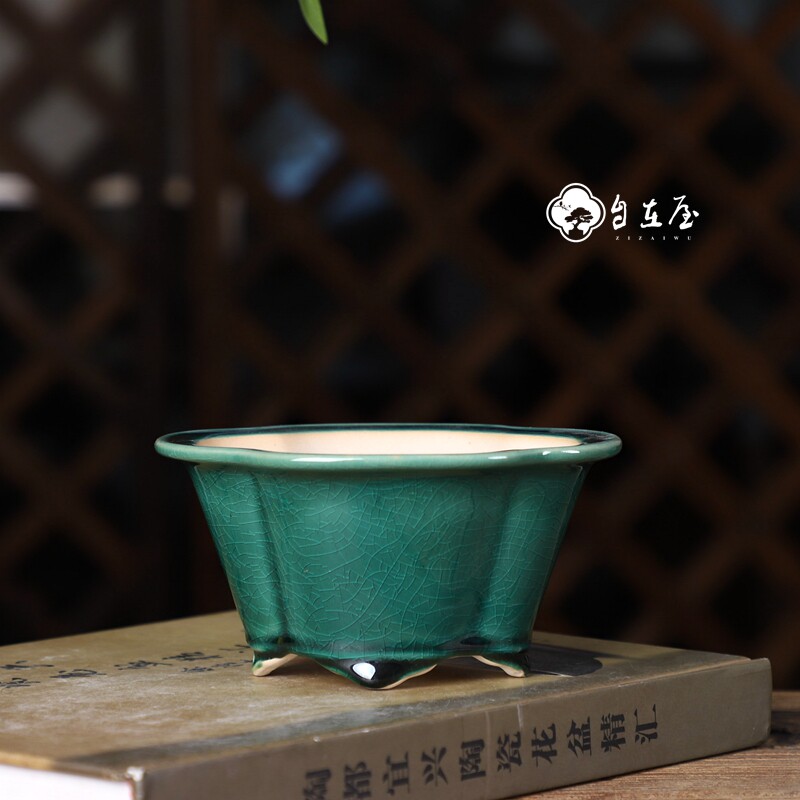 自在屋精品冰裂釉盆紫砂花盆斜脚海棠竹子盆小盆景盆假山造景