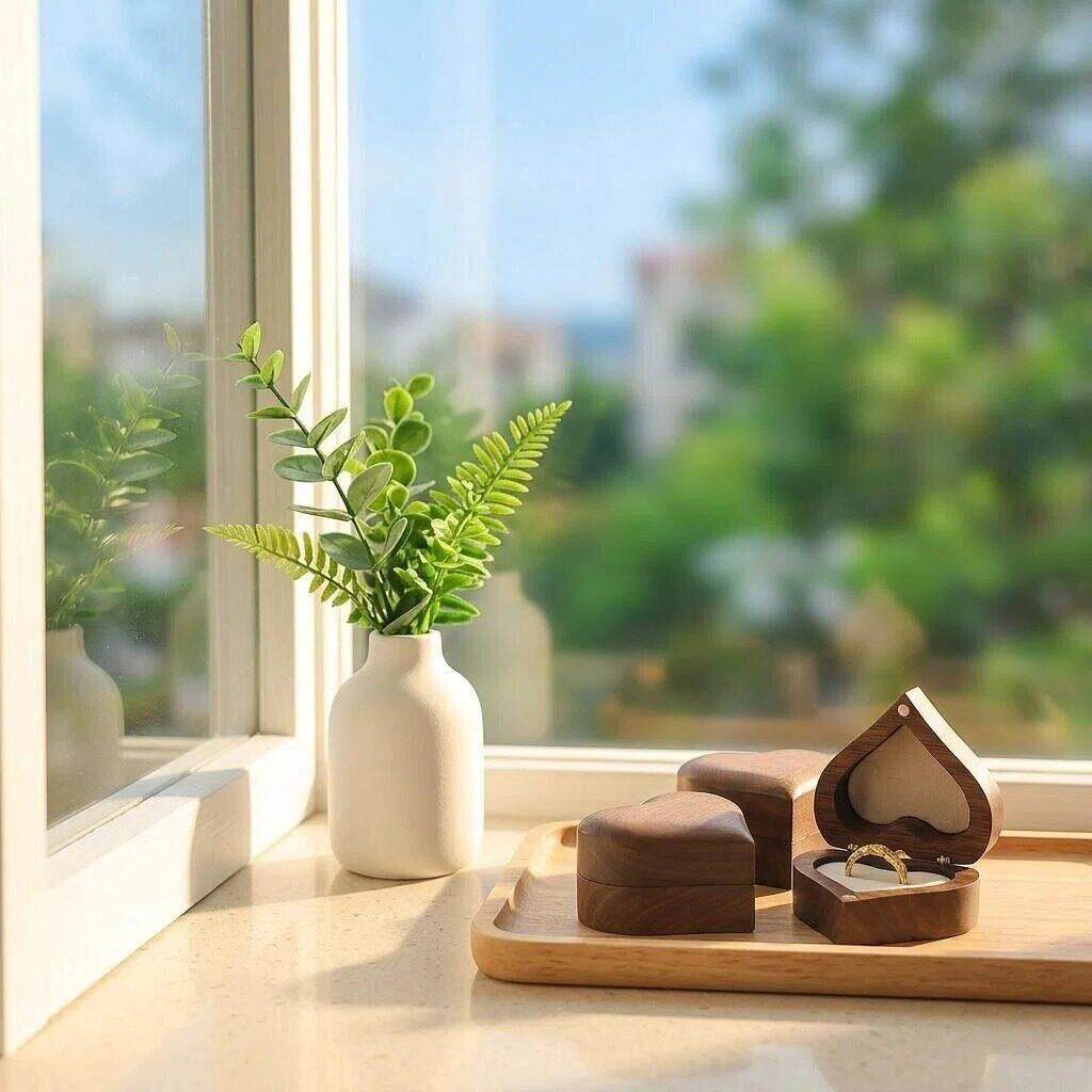 浮雕爱心黑胡桃戒指盒实木求婚戒指对戒盒礼品首饰盒饰品包装女