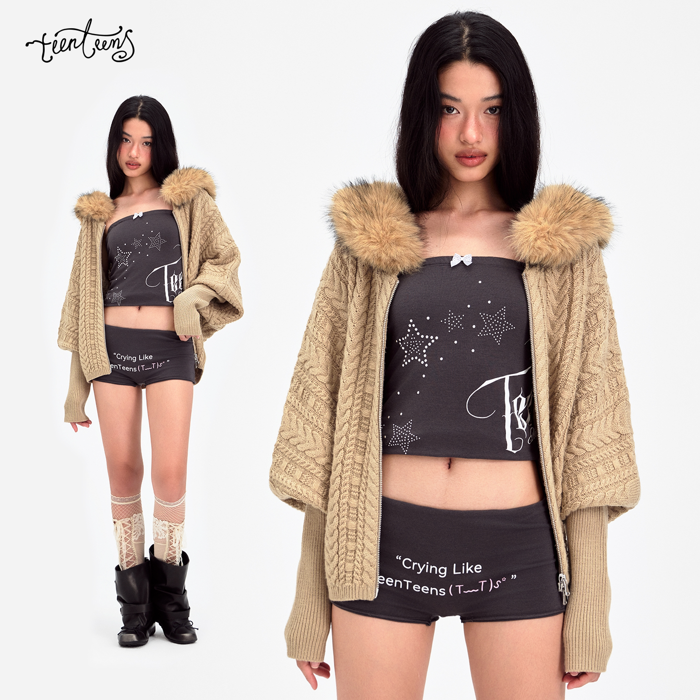 teenteens 绞花毛领针织衫拉链短外套