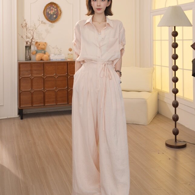Basic House/百家好2026新款休闲百搭苎麻衬衫长裤两件套女DXZ67