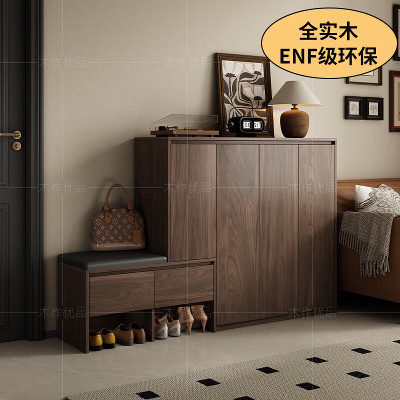 中古风实木鞋柜家用门口室内法式复古入户玄关柜鞋柜新款带换鞋凳