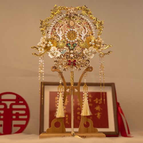 团扇结婚新娘古风中式婚扇高级秀禾成品金色手工diy材料包喜扇