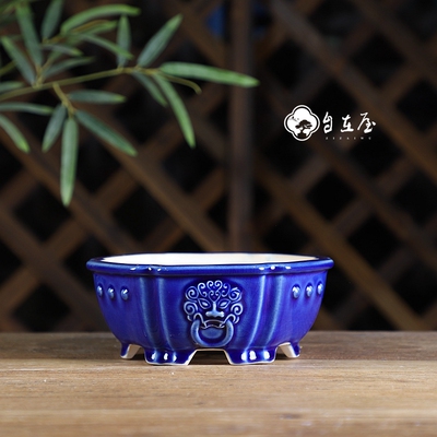 精品紫砂花盆石湾盆手工釉盆陶瓷花盆透气小盆景复古鼓钉兽面六方