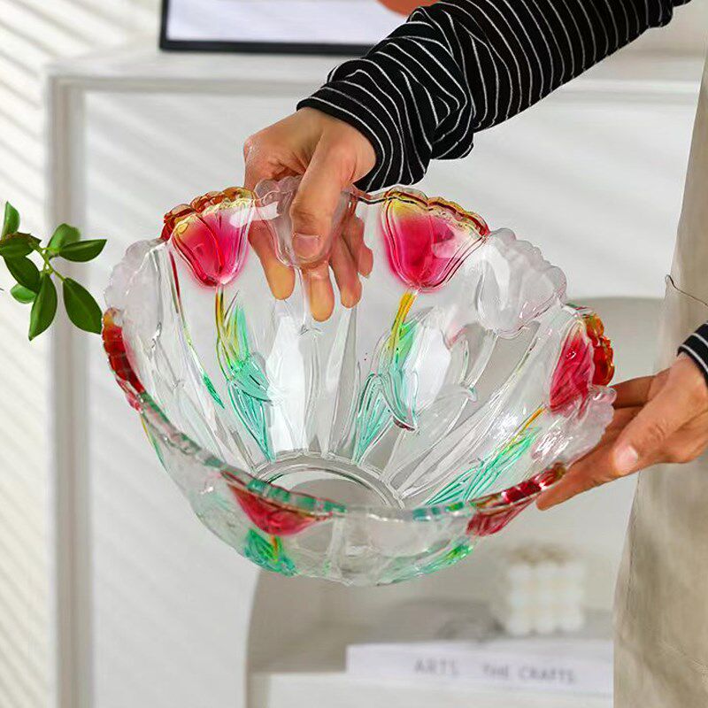 欧式水晶玻璃加厚水果盘沙拉碗彩绘郁金香花朵糖果零食盘家用大号