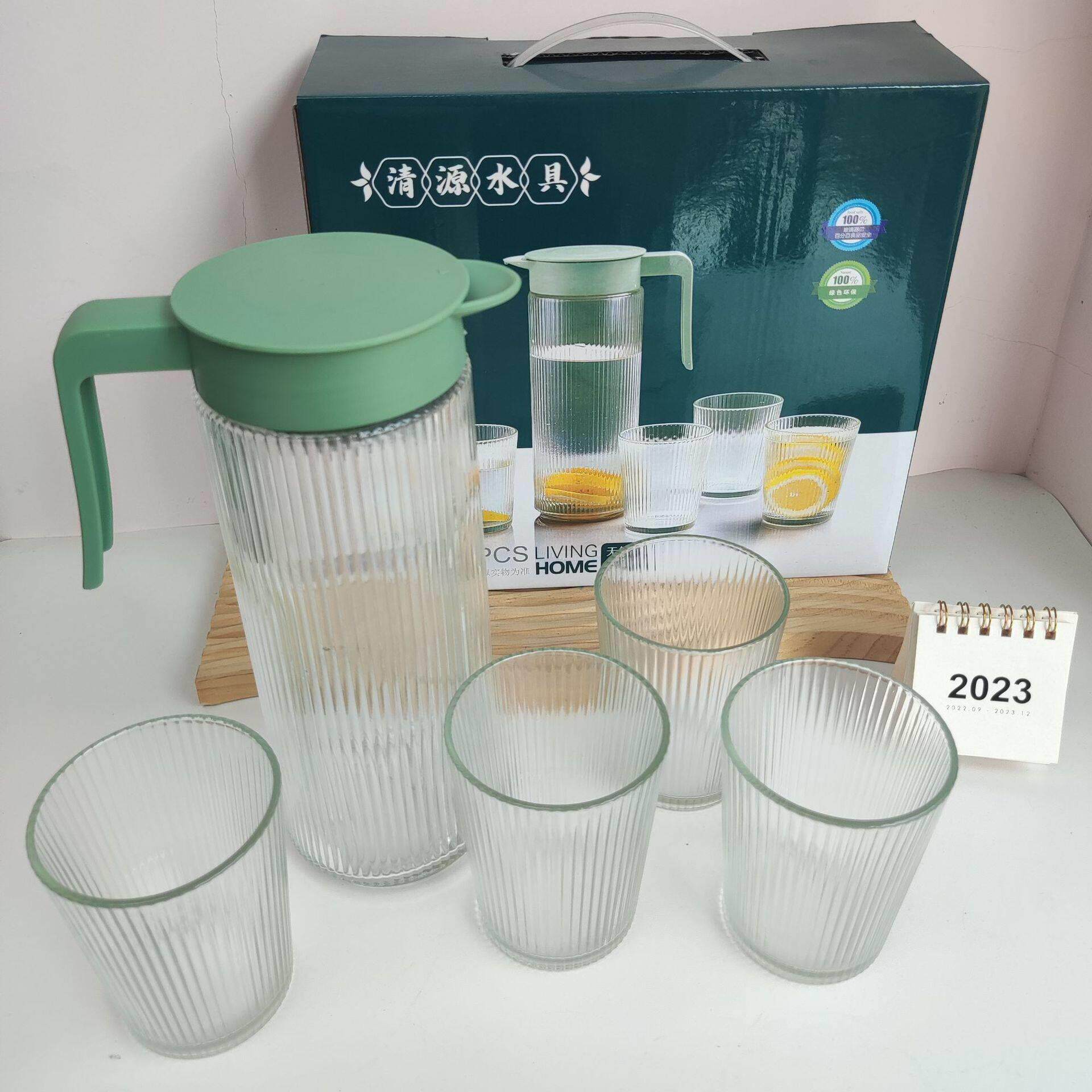 玻璃冷水壶套装一壶四杯大容量凉水壶五件套竖纹水具礼品冷泡