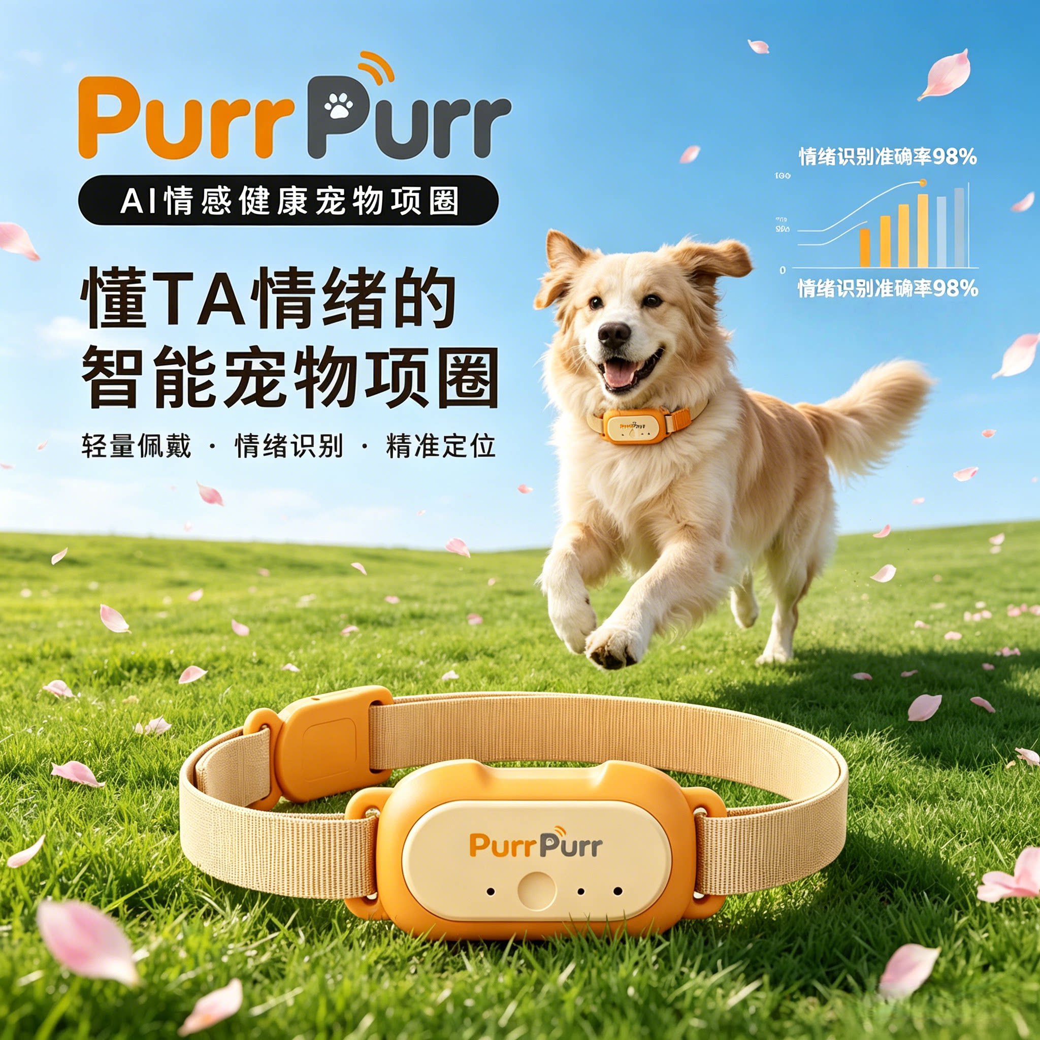 PurrPurr狗狗AI智能项圈GPS防走丢定位器狗语翻译器宠物情绪识别健康监测电子围栏宠物智能项圈狗项圈小型犬