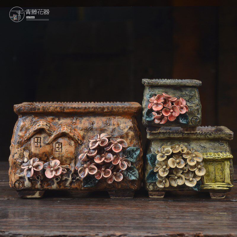 青藤花器手工粗陶多肉长方口盆群生精品白菊麦秆复古透气装饰创意