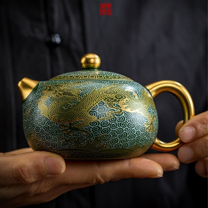 绿泥紫砂西施壶高档鎏金双龙戏珠茶壶功夫茶具家用泡茶器凤鸣单壶