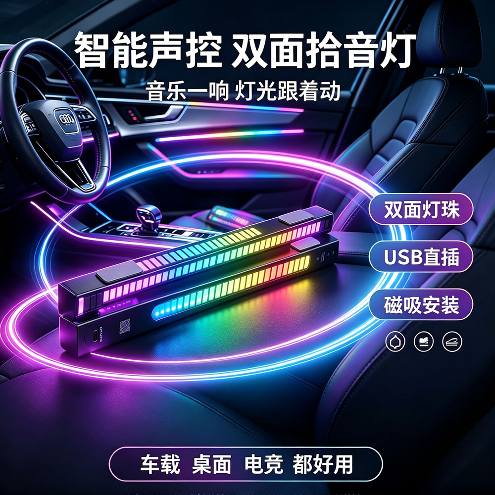 智能声控拾音磁吸RGB车载氛围灯