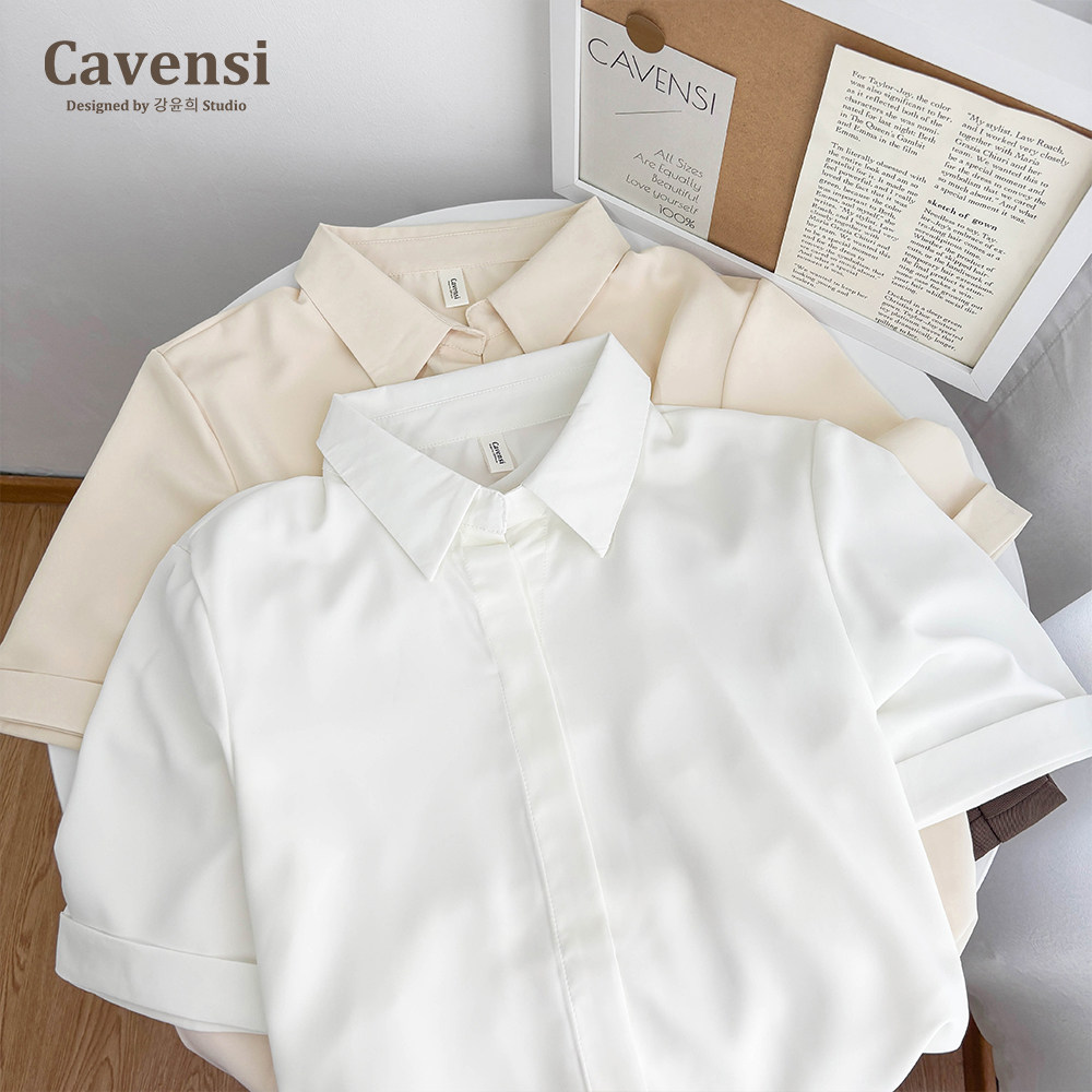 Cavensi极简风白色法式雪纺衬衫短袖女不易皱百搭基础雪纺上衣
