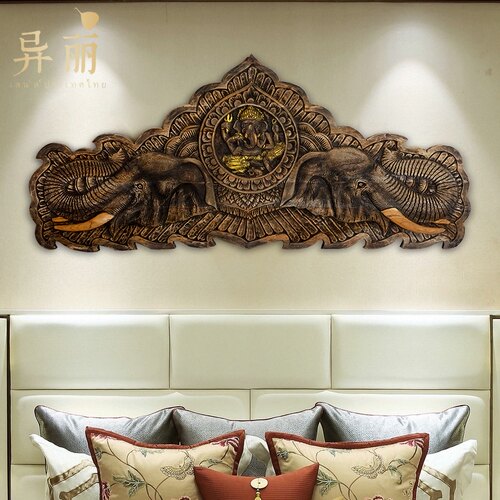 异丽泰国手工柚木雕花板大象木雕双象雕花壁挂门楣挂件浮雕装饰画