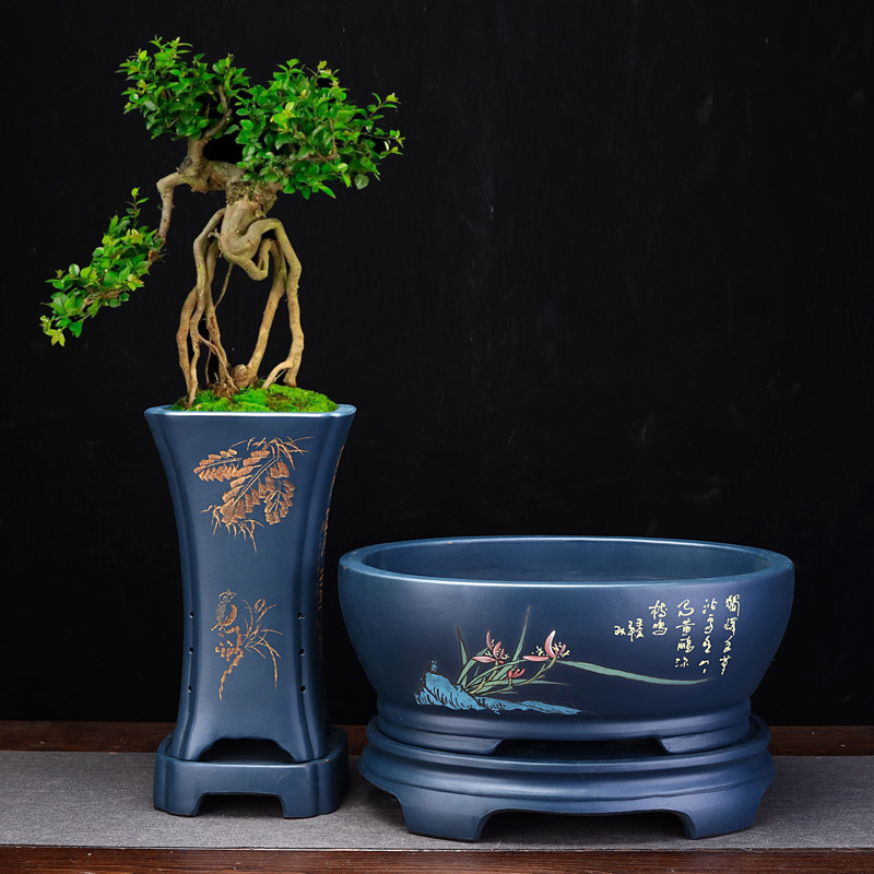 紫砂花盆大号腰圆四方盆景盆带底座精品点彩桌面花卉老桩兰花假山