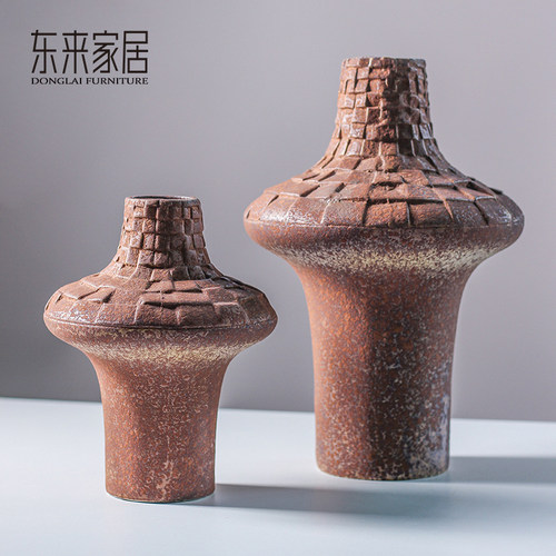 侘寂风陶瓷花瓶摆件创意铁锈色干花插花器客厅家居复古陶罐瓶摆设
