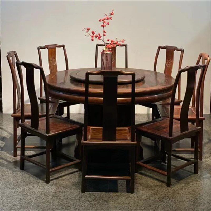 定制老挝大红酸枝圆餐桌火锅桌实木家具会所别墅交趾黄檀中式餐桌