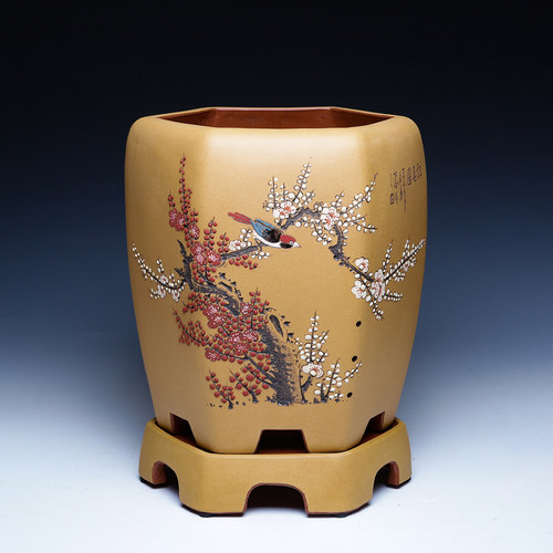 六角紫砂花盆陶瓷君子兰花盆蕙兰盆高档室内盆景盆兰花盆托盘精品