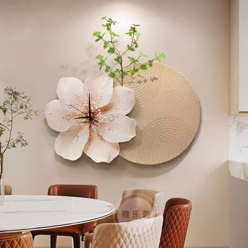 奶油风餐厅装饰画小清新绿植静音钟表砂岩画高级感立体背景墙挂画