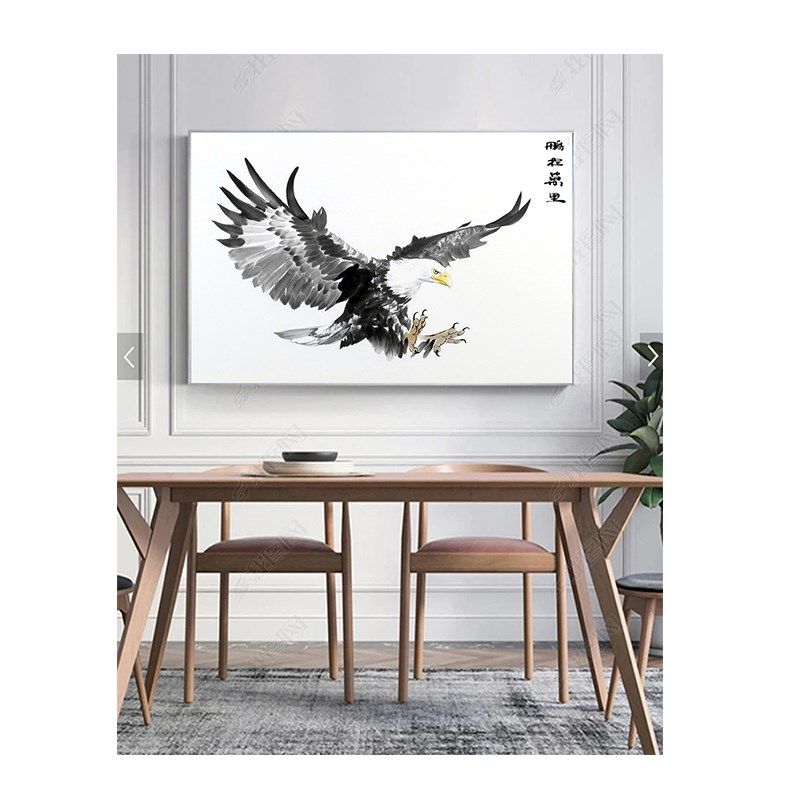 老鹰水墨画鹏程万里雄鹰展翅客厅茶室挂画书房背胶画芯鹰击长空画