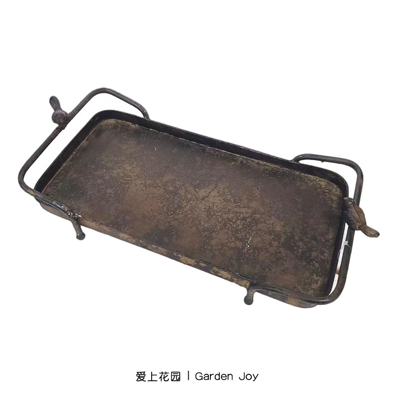 爱上花园 园艺杂货 铁皮花盆配件底托铁皮色做旧盆双把小鸟铁托盘