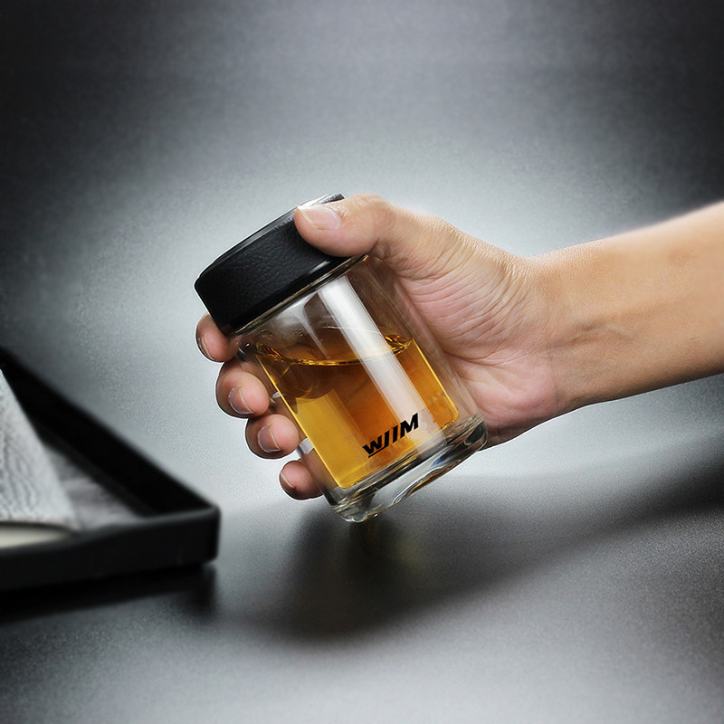 皮纹盖迷你小巧双层玻璃杯便携泡茶小杯子耐热喝水随行咖啡杯男女