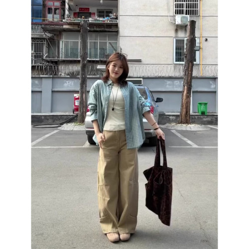 实价有货卡其色高腰镰刀阔腿牛仔裤女春季宽松显瘦梨形身材长裤子