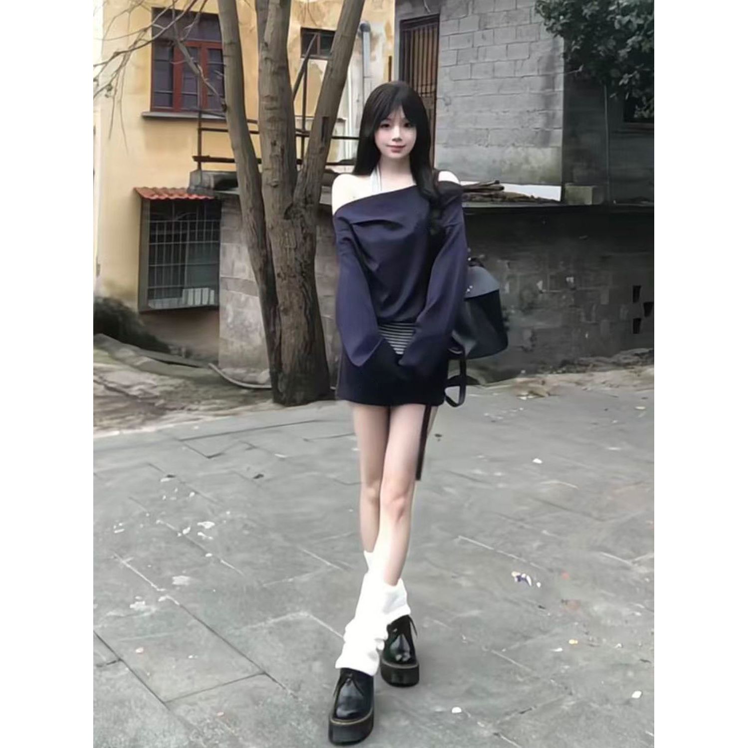 雪绒轻羽 小众百搭精致紧身慵懒风假两件上衣+休闲裙裤套装两件套