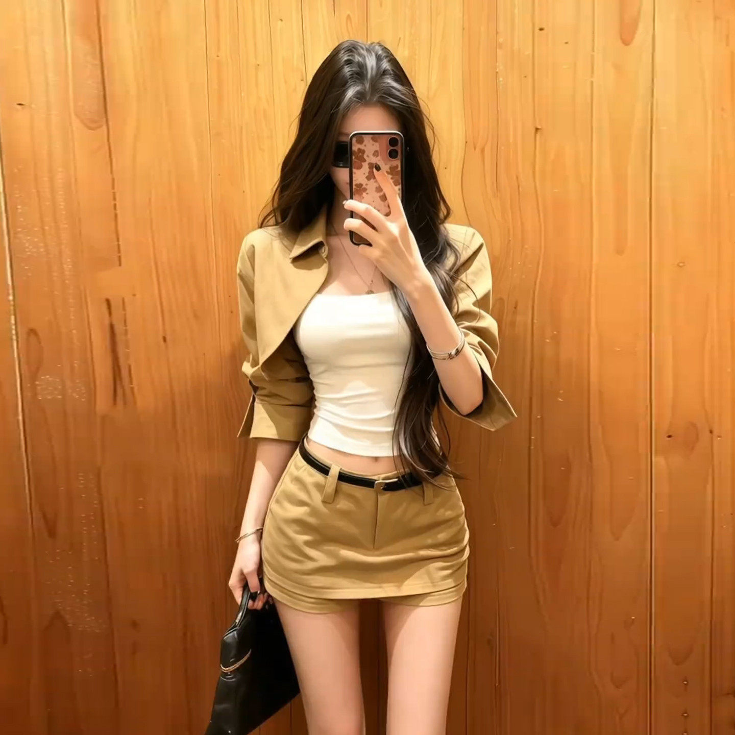 性感辣妹套装女秋季韩系复古穿搭卡其色短款披肩外套吊带半身裙裤