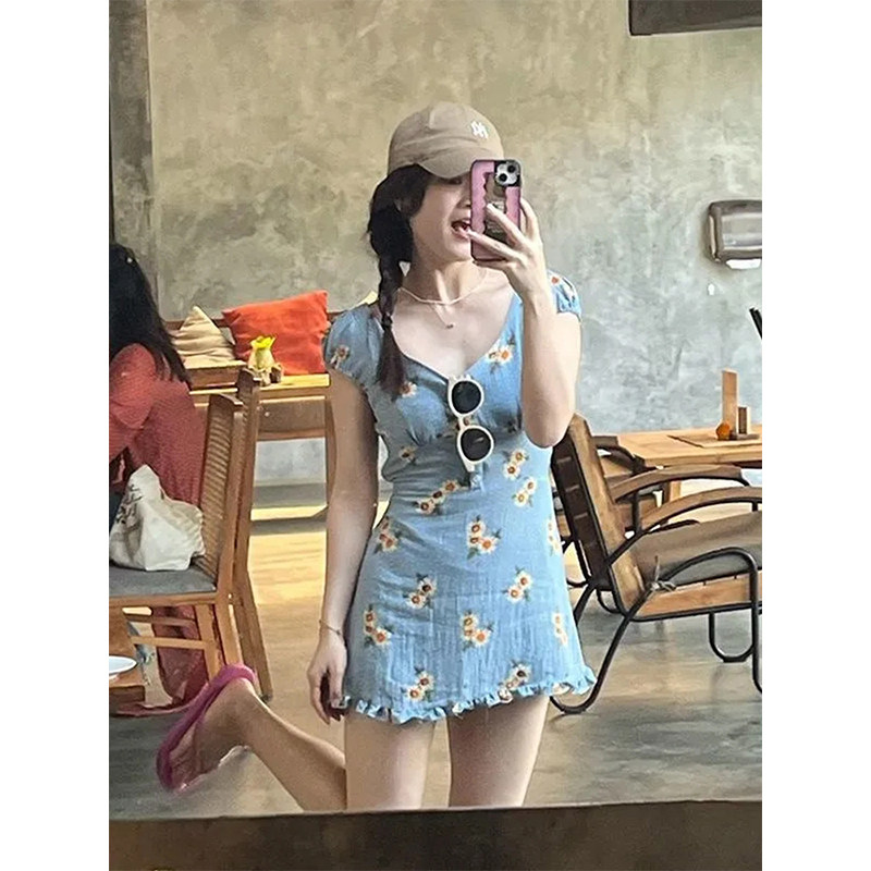 海边度假风雏菊V领短袖连衣裙女