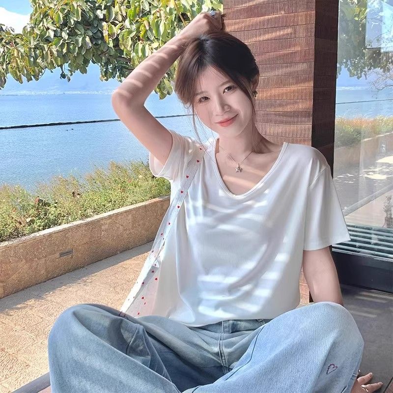 莫代尔棉短袖T恤女显瘦白色宽松版夏季韩版宽松显瘦低领休闲上衣
