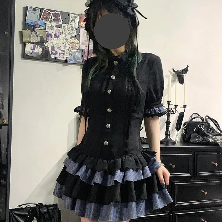 复古哥特风高级感显瘦蛋糕裙小众设计时尚黑色连衣裙子女夏季新款
