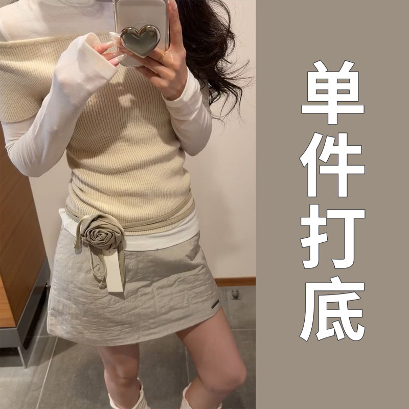 2026超火穿搭一整套长袖T恤叠穿一字肩短袖针织上衣半身裙套装女