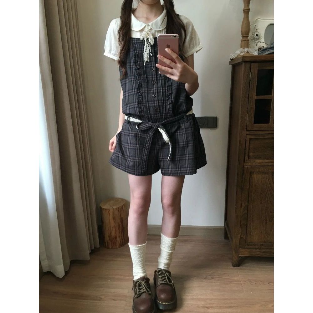 中古感vintage古着风套装夏季日系复古风短袖格子背带裤两件套女~