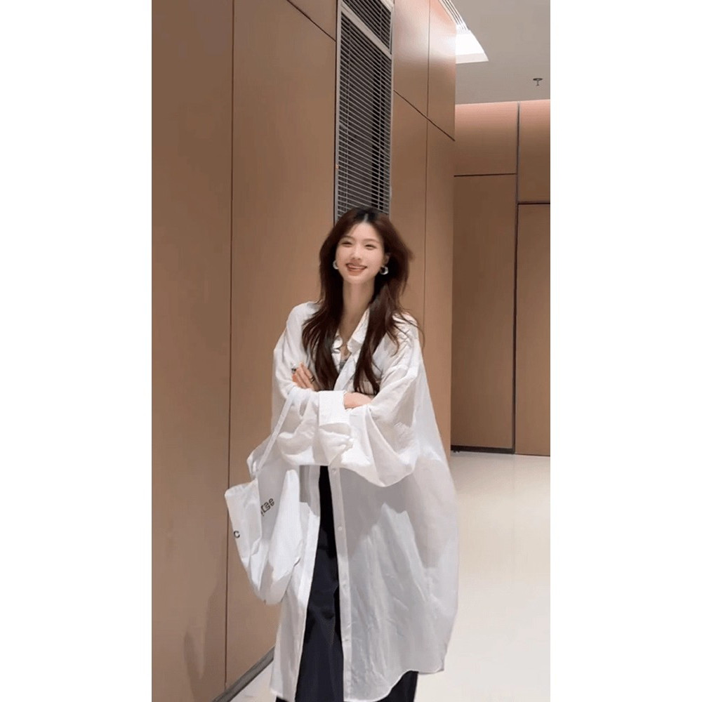 韩系有货松弛感慵懒风穿搭透气长款白色Polo领宽松长款防晒衬衫