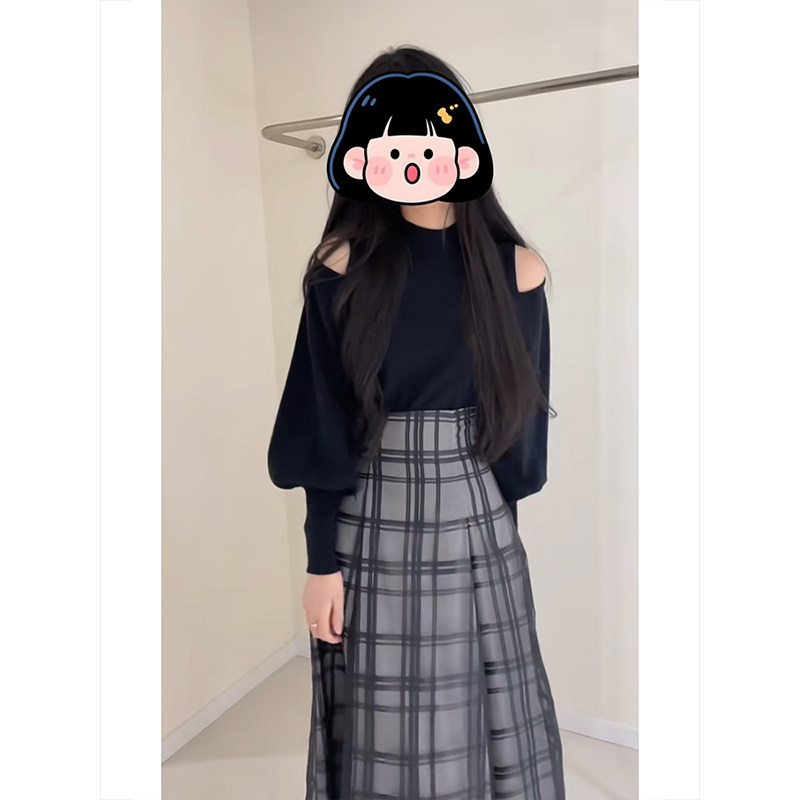 修身上衣+收腰格纹半身裙两件套