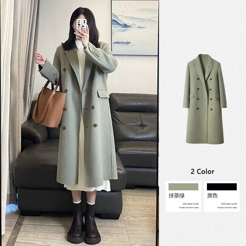 赫本风绿色正肩大衣女秋冬季加厚高级感中长款韩系西装毛呢子外套