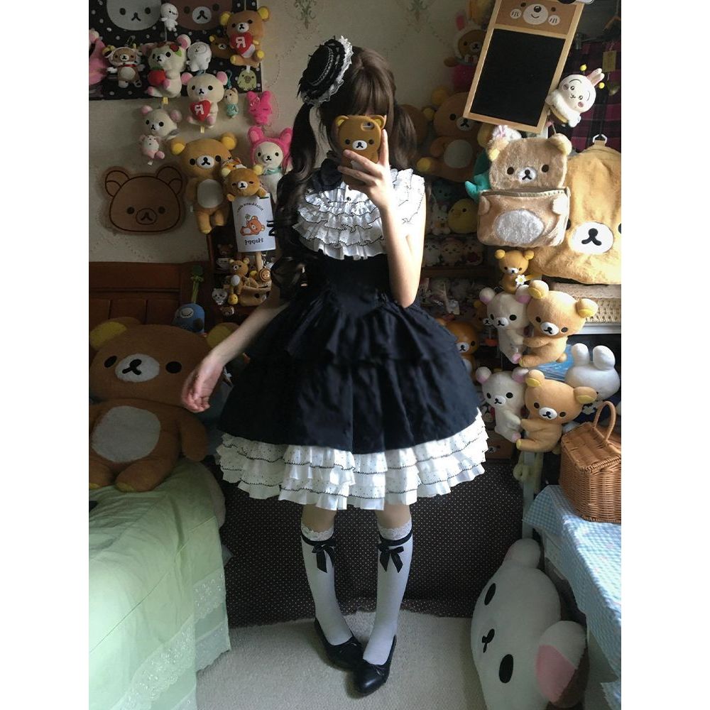 Lolita甜系黑白波点拼接连衣裙多层荷叶边洛丽塔洋装 jsk连衣裙女