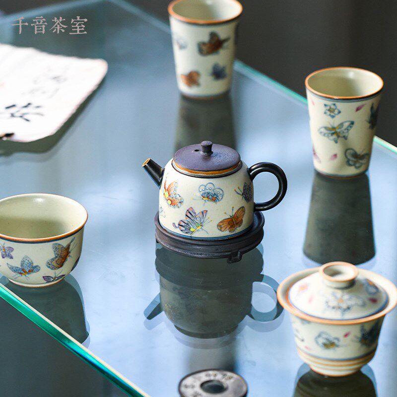 【朴云堂  斗彩蝶恋花茶器】手绘釉下青花蝴蝶茶壶斗彩主人杯盖碗