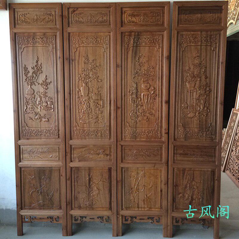 仿古屏风隔断中式香樟木折屏中式实木实地酒店办公室客厅木雕屏风
