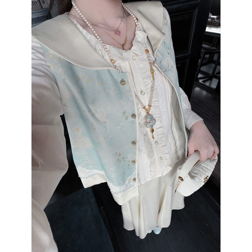 新中式海军领马甲+半裙套装女秋