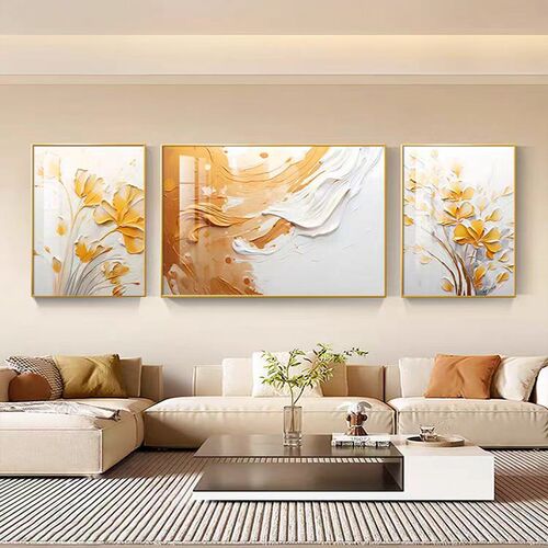 大芬油画村客厅装饰画奶油大气沙发背景墙挂画高级感艺术三联壁画