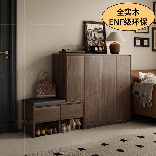 中古风实木鞋柜家用门口室内法式复古入户玄关柜鞋柜新款带换鞋凳