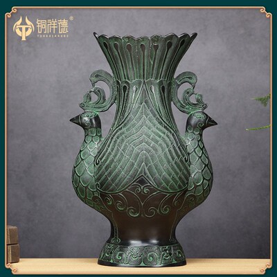 青铜器古摆件青铜双凤尊酒樽吉祥鸟尊古玩家居装饰工艺品铜花瓶