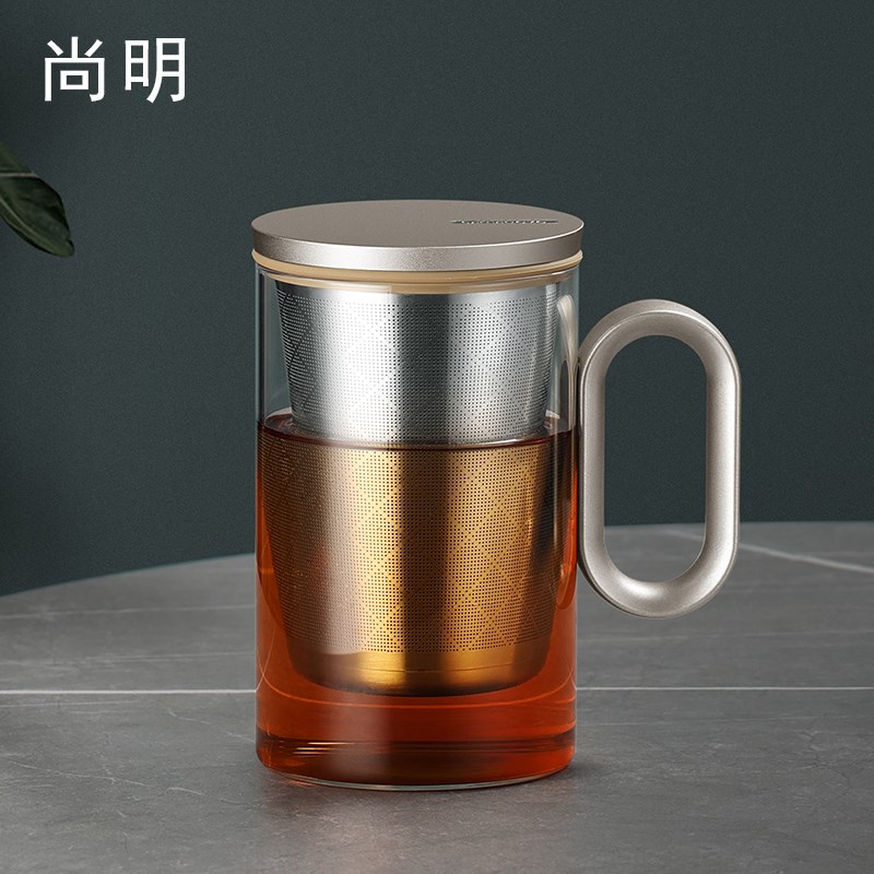 尚明茶水分离泡茶杯办公室过滤玻璃杯子带盖把手家用喝水杯男女士