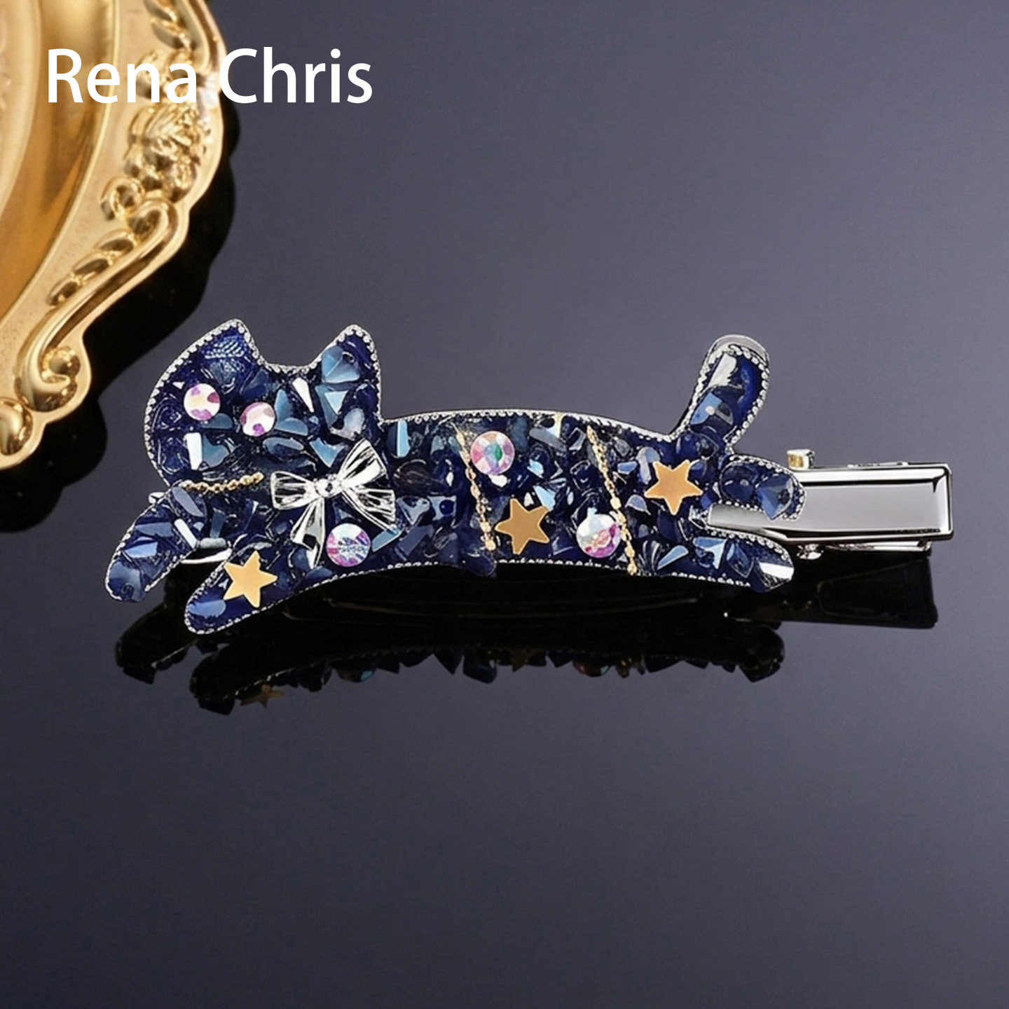 RenaChris星空蓝猫咪碎钻鸭嘴夹